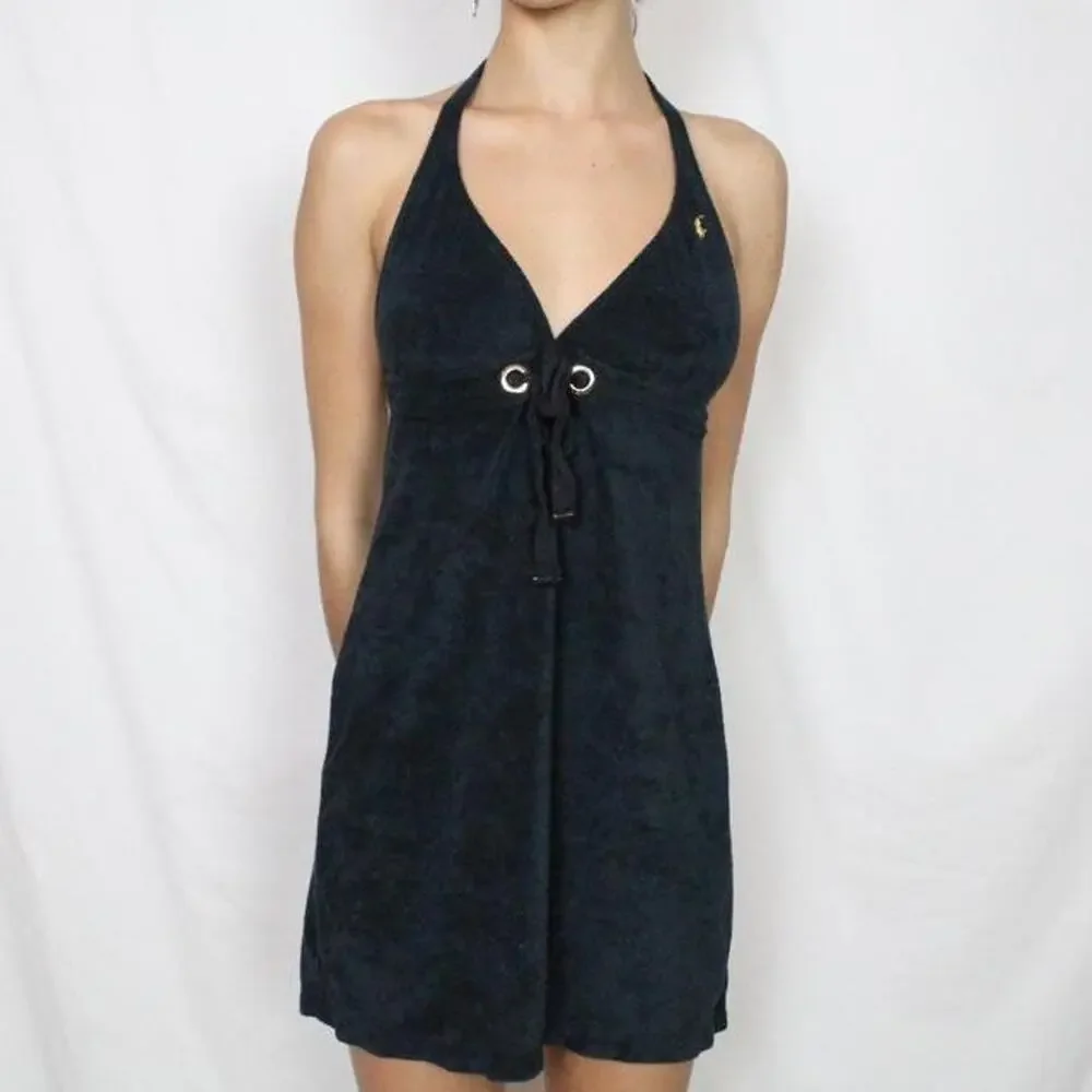 VTG Ralph Lauren Black Terry Halter Dress L Cover Up tennis Beach Club Preppy - Picture 2 of 16